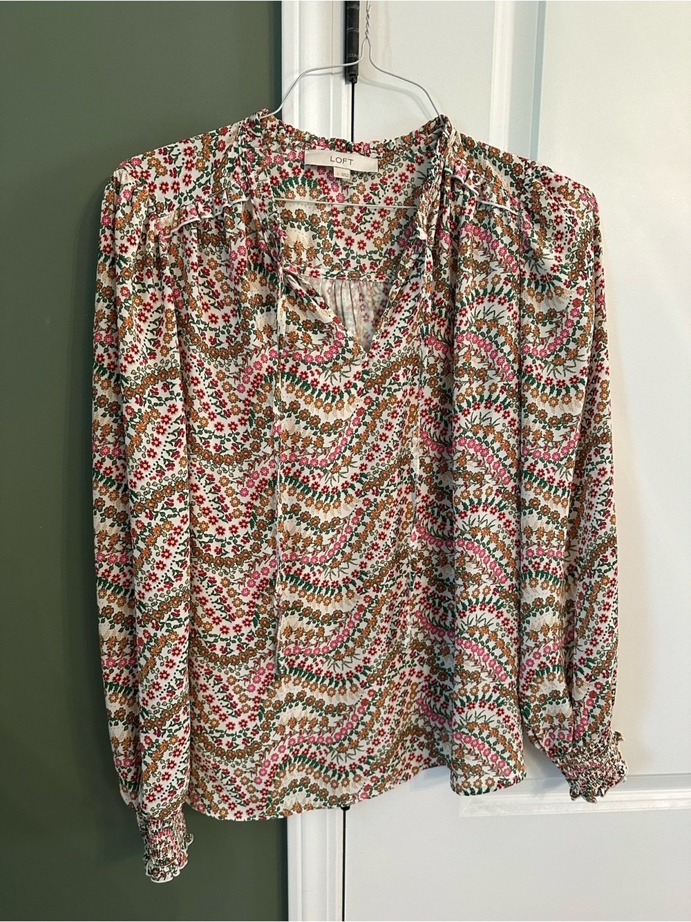 LOFT Floral Wave Tie-Neck Long Sleeve Blouse in Cream, Pink, Green, and Brown